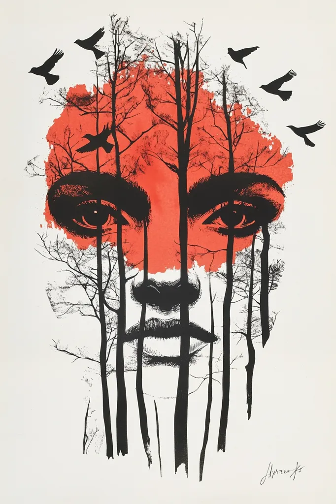 Here's a description of the image:

The artwork presents a stylized female face, rendered in black ink, superimposed with a forest scene.  Bare, slender trees rise from the lower half of the face, forming a stark contrast against the woman's features.  A vibrant, orange-red wash behind the trees suggests a setting sun or a fiery landscape.  Several black birds are scattered around the image's perimeter, adding to the mood of introspection and mystery. The overall style is a blend of graphic design and surrealism, creating a powerful and emotionally evocative image.