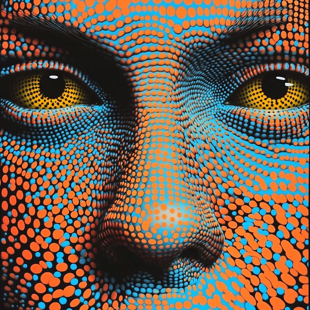 Close-up of a stylized face, rendered in a vibrant pointillist style.  The skin texture is depicted using a pattern of small, overlapping orange and teal circles, creating a textured, almost reptilian effect.  The eyes are strikingly yellow with black pupils, adding to the otherworldly feel. The image focuses on the nose and eyes, showcasing the intricate detailing and bold color contrast of the artistic technique.
