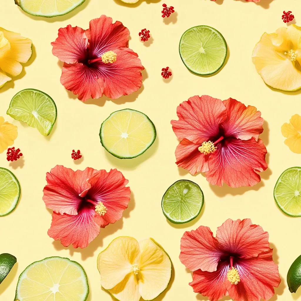 Here's a description of the image:

The image is a vibrant, flat lay composition featuring a repeating pattern of bright red hibiscus flowers and lime slices on a pale yellow background.  Smaller yellow flowers and scattered red berries add to the tropical theme. The arrangement is symmetrical and aesthetically pleasing, creating a cheerful and summery mood. The high contrast between the colors and the crispness of the image make it visually striking.  The overall style suggests a playful and refreshing aesthetic.
