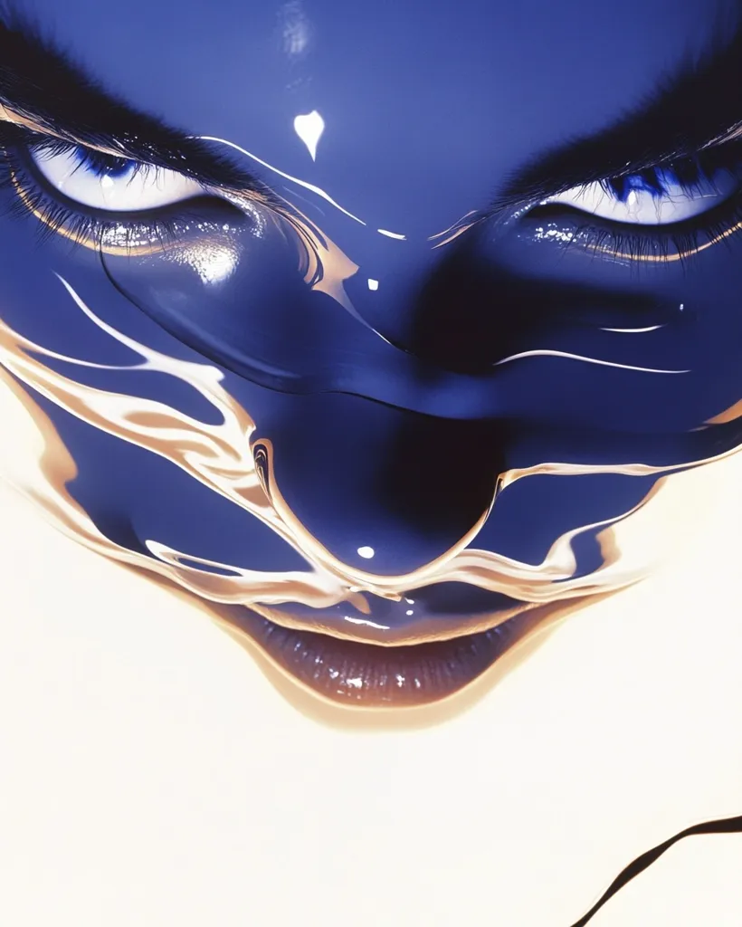 Close-up of a woman's face, seemingly covered in a dark blue, liquid-like substance. The texture is glossy and creates a surreal effect.  Her eyes are intensely visible, accentuated by dark lashes, and gaze directly at the viewer. The mouth is slightly open, revealing a hint of a nude lip color beneath the blue coating.  The overall impression is one of mystery and artistic boldness. The background is a stark white, which contrasts sharply with the dark blue of the face.