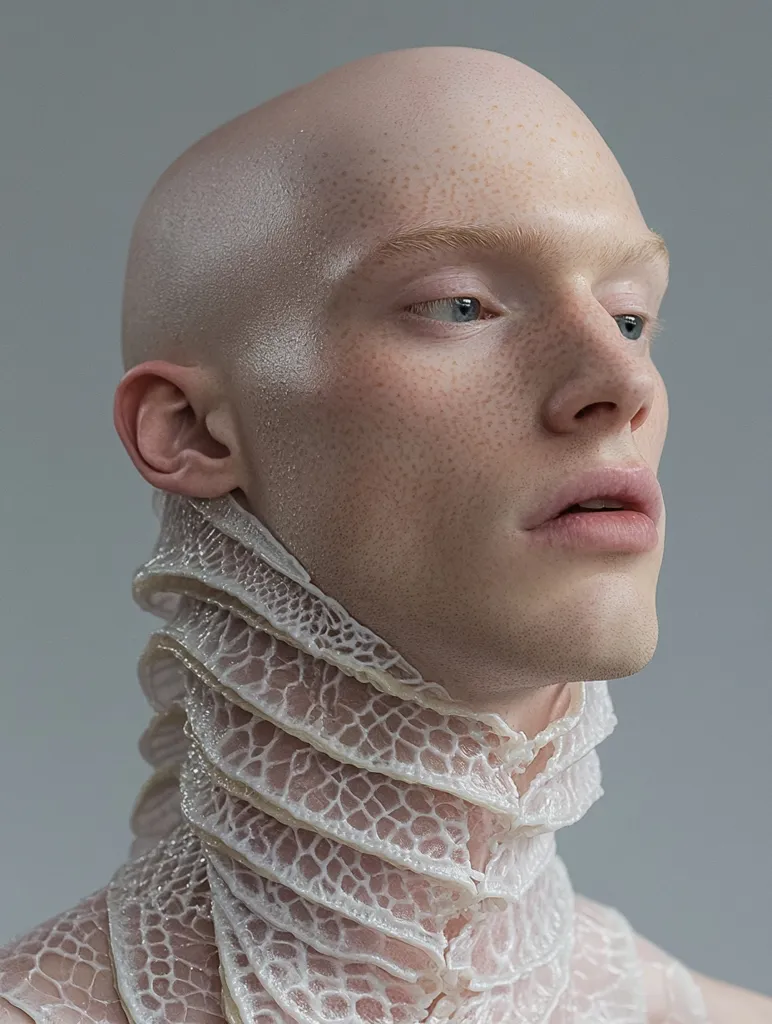 Close-up view of a bald, fair-skinned person with light freckles.  Their head is tilted slightly, and they are wearing a striking, intricately textured white collar or neckpiece that resembles layered, translucent scales or latticework. The overall aesthetic is minimalist and slightly otherworldly, with a focus on the contrast between the smooth skin and the complex texture of the garment. The background is a simple, neutral gray.