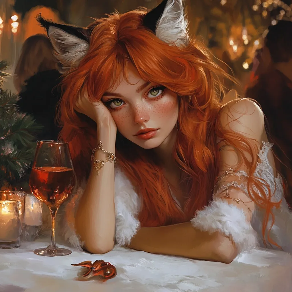 Here's a description of the image:

The artwork depicts a young woman with vibrant, long, ginger hair and fox ears, resting her head on her hand.  She has fair skin, freckles, and striking green eyes. She's dressed in a white, fluffy garment, possibly a shawl or shrug, with delicate gold jewelry adorning her wrists.  A glass of amber liquid sits on the table before her, along with a small, decorative object. The background suggests a dimly lit, perhaps festive, setting with warm lighting and blurry figures, hinting at a social gathering. The overall style is painterly, with a focus on soft, realistic skin tones and flowing hair. The mood is pensive and slightly melancholic.