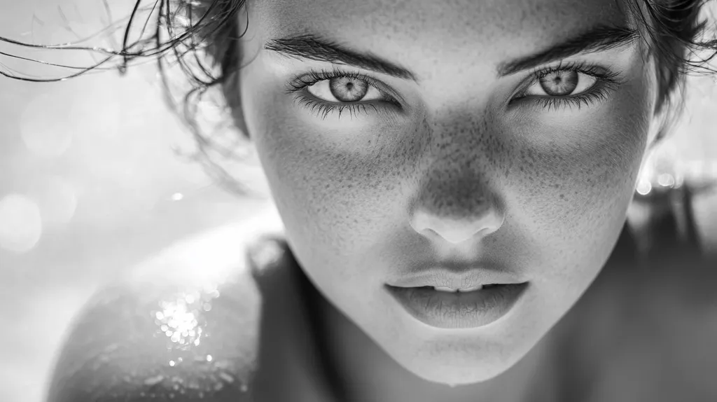 Here's a description of the image:

The black and white close-up photograph shows a young woman's face, her gaze directly meeting the viewer's.  Her expression is intense, almost defiant.  Her skin is lightly freckled, and her wet hair is swept back, revealing a strong brow and expressive eyes.  The lighting accentuates the texture of her skin and the moisture in her hair. The overall mood is one of raw beauty and confidence.