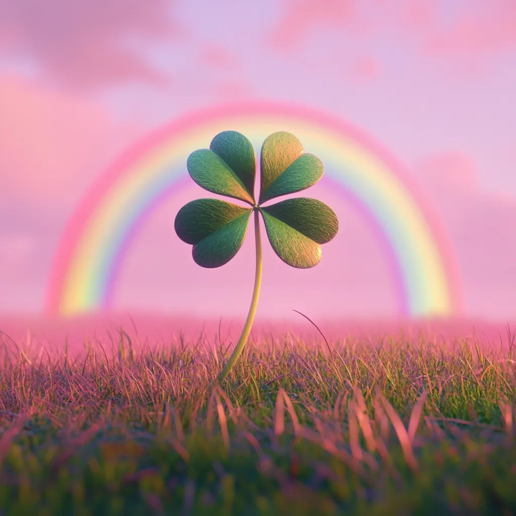 A vibrant four-leaf clover stands prominently in the foreground, its deep green leaves contrasting with a soft, pink-hued field.  In the background, a pastel rainbow arches across a similarly colored sky, creating a whimsical and idyllic scene. The overall mood is serene and suggestive of luck and good fortune, evocative of St. Patrick's Day imagery.  The clover appears almost magically placed in this dreamy landscape.