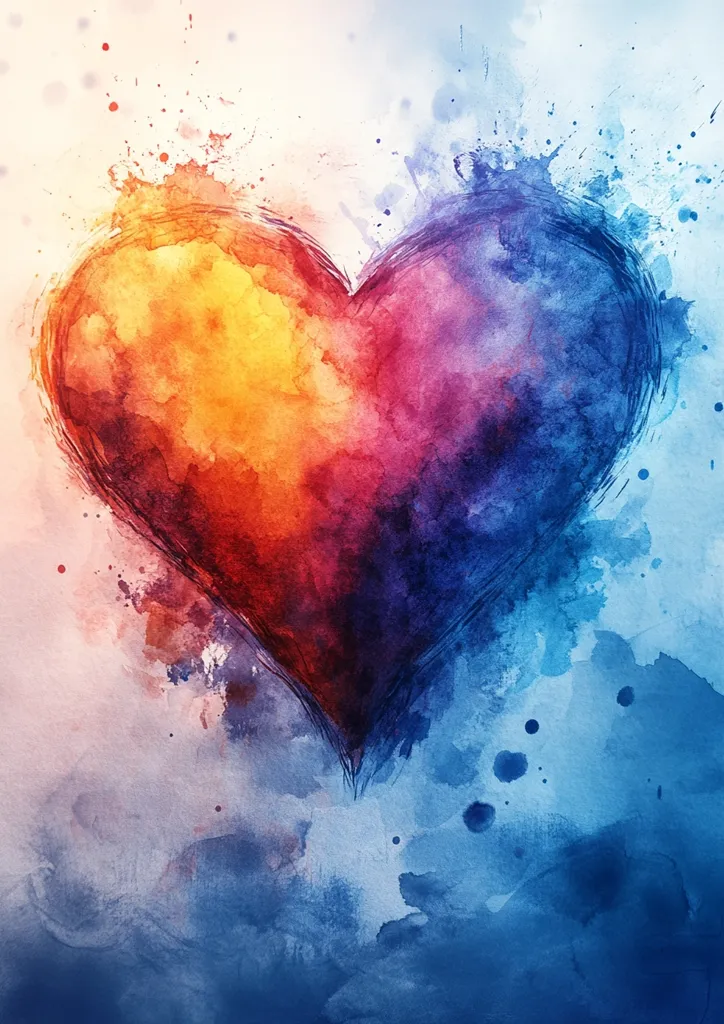 The image is an abstract watercolor painting of a heart. The heart is rendered in vibrant hues of red, orange, purple, and blue, blending seamlessly into each other.  The colors are richly saturated, creating a sense of depth and intensity. The heart is outlined with a dark, sketchy line, adding a touch of rawness to the otherwise soft watercolor washes.  The background features splatters and washes of blue and white, mirroring the colors within the heart itself, creating a cohesive, emotive piece.