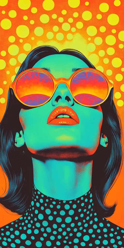 Here's a description of the image:

The image is a vibrant, stylized portrait of a woman. She's depicted with teal skin, dark hair, and large, round sunglasses reflecting a psychedelic sunset. Her lips are a bold red, and she wears a black top with teal polka dots. The background is a bright orange with a pattern of overlapping yellow circles, creating a dynamic and energetic feel. The overall style is reminiscent of pop art, with bold colors and graphic lines. The woman's expression is one of serene contemplation, gazing upwards.