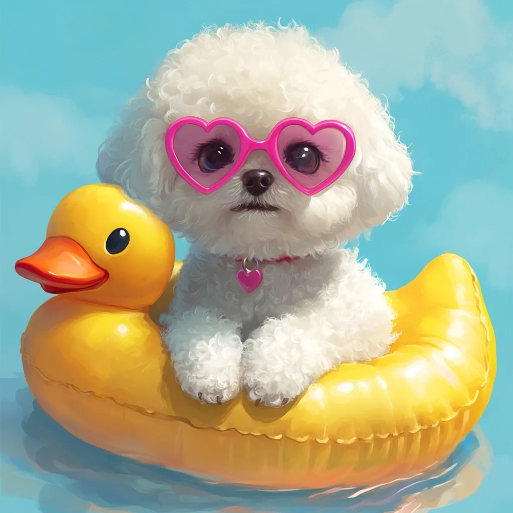 Here's a description of the image:

A fluffy white Bichon Frise puppy, wearing heart-shaped pink sunglasses and a small pink heart-shaped necklace, sits serenely in a bright yellow rubber ducky floatie. The puppy's expression is calm and endearing.  The floatie is partially submerged in a sparkling blue water, suggesting a pool or calm ocean. The scene is brightly lit, creating a cheerful and summery atmosphere.  The overall style is digitally rendered, with a focus on soft textures and vibrant colors.
