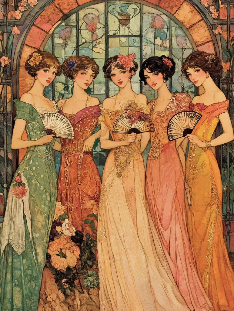 Five elegant women, dressed in flowing gowns of varying pastel shades, stand in a graceful line before a stained-glass window.  Their attire features delicate embellishments and they each hold a hand fan.  The art style is reminiscent of Art Nouveau, with soft colors and a focus on the women's refined beauty and the ornate architectural setting.  Flowers adorn their hair and the base of the composition. The overall impression is one of sophistication and timeless beauty.