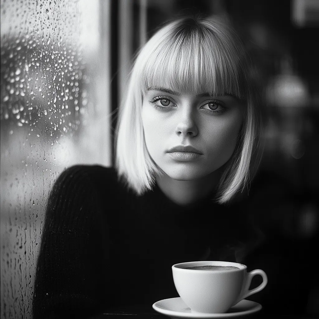 A black and white portrait shows a young woman with blonde, blunt-cut bangs and a bob hairstyle.  She gazes pensively out a rain-streaked window.  She's wearing a dark turtleneck sweater and sits at a table with a cup of coffee and saucer before her. The image conveys a sense of quiet contemplation and perhaps melancholy, enhanced by the grayscale palette and the rainy backdrop.