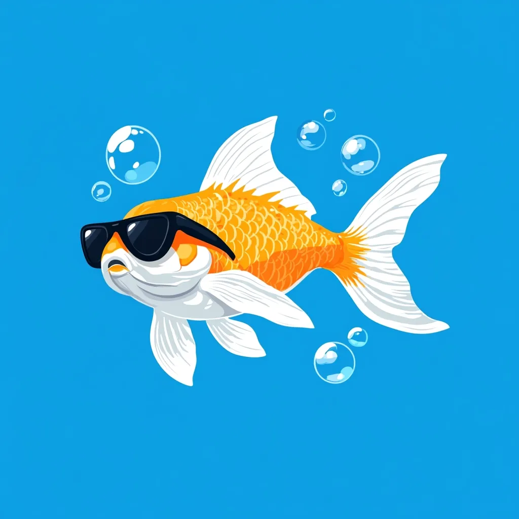Here's a description of the image:

The illustration showcases a stylized goldfish, predominantly orange with white fins, swimming against a vibrant blue background.  The fish sports a pair of oversized, black sunglasses, adding a humorous touch.  Several small, translucent bubbles surround the goldfish, suggesting it's underwater. The style is cartoonish and playful, with bold outlines and flat coloring.  The overall mood is lighthearted and summery.
