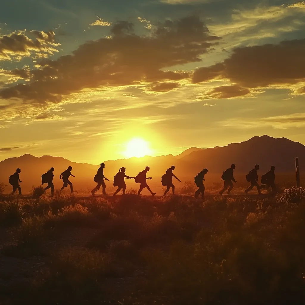 Silhouetted figures of a group of people walk across a desert landscape as the sun sets behind a mountain range.  The warm, golden light bathes the scene, highlighting the individuals against the dusky sky and arid foreground.  They appear to be hiking or on a journey, their backpacks suggesting a trek. The image evokes themes of adventure, community, and the beauty of a desert sunset.