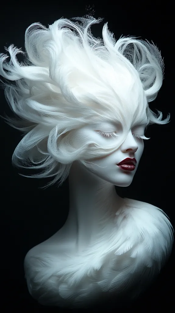 The image is a striking close-up portrait of a woman with a dramatic hairstyle and makeup.  Her hair is styled into a voluminous, white cloud-like structure, seemingly composed of individual strands or feathers.  Her skin is pale and her eyes are closed, enhancing a serene yet ethereal mood.  A dark maroon lipstick provides a bold contrast to her otherwise pale complexion. The overall effect is one of otherworldly beauty and elegance, reminiscent of a fantasy creature or sculpture. The dark background emphasizes the whiteness of her hair and attire.