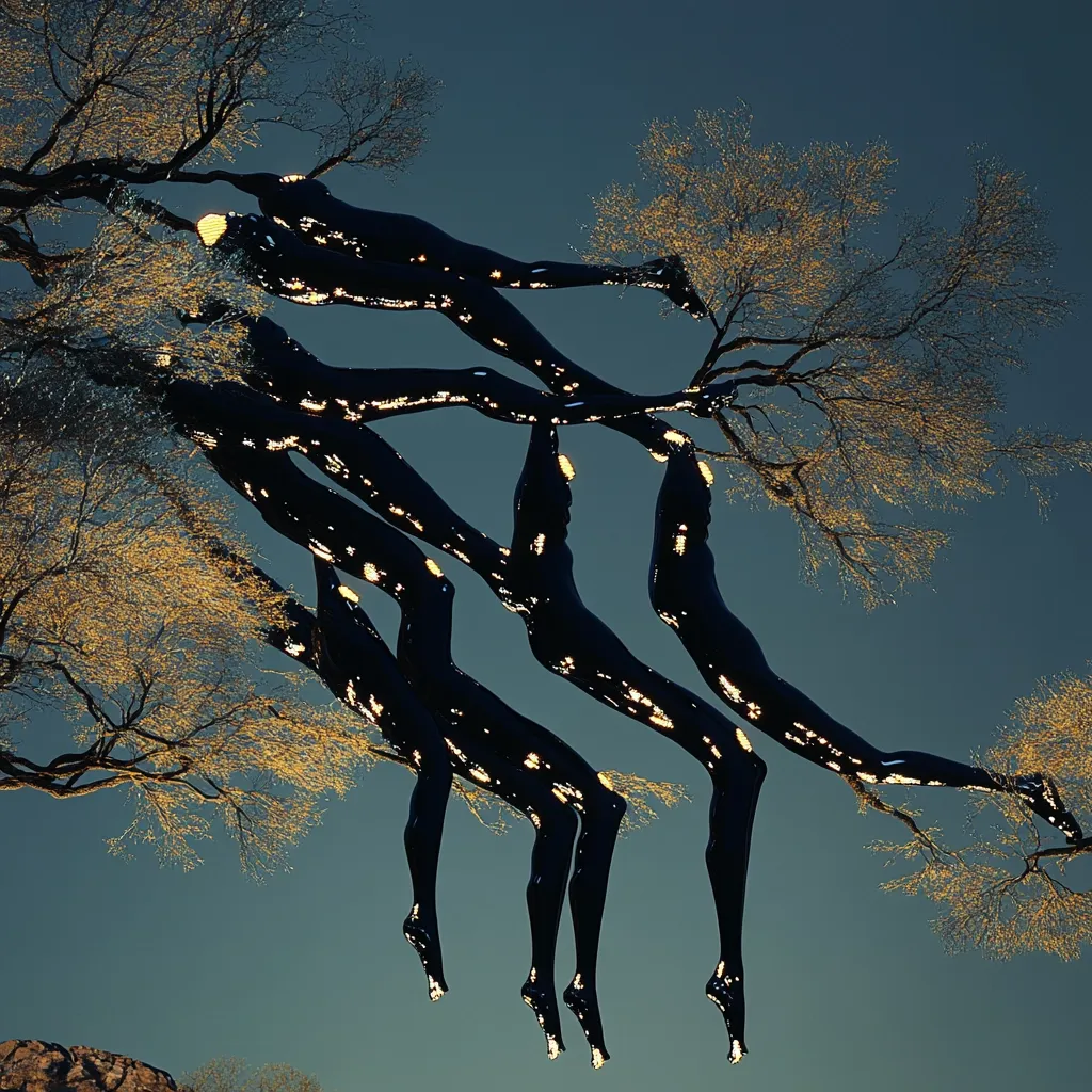 Here's a description of the image:

The image is a surreal digital artwork depicting several elongated, dark figures seemingly intertwined with the branches of a tree against a teal sky.  The figures, appearing almost liquid in texture, have limbs that merge and separate, creating a flowing, interconnected form.  The tree branches are delicate and golden-hued, contrasting with the dark figures. The overall impression is one of ethereal interconnectedness between human-like forms and nature, suggesting a symbiotic or perhaps even parasitic relationship. The lighting highlights the figures' surfaces, enhancing their three-dimensional quality.
