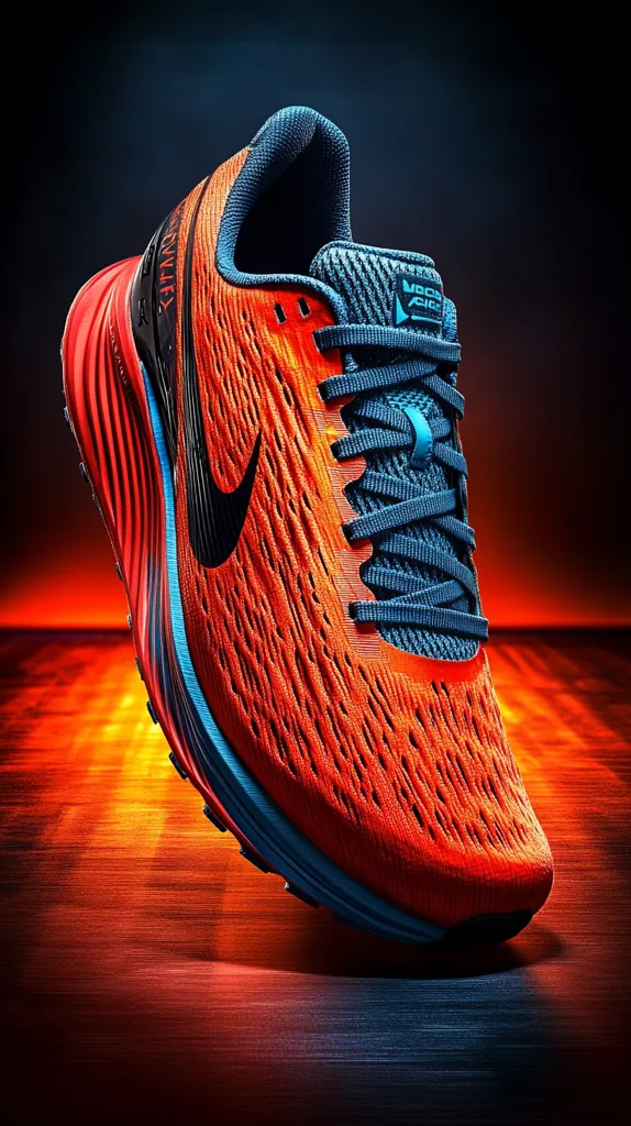 Here's a description of the image:

Close-up view of a single vibrant orange running shoe, angled to show its sole and upper. The shoe features a textured, breathable upper with a darker teal blue on the tongue and laces.  A black Nike swoosh is prominently displayed on the side. The sole is a striking teal blue along the edges, contrasting with the bright orange. The background is blurred, suggesting motion and depth of field, with warm, reddish-orange tones reflecting the shoe's color. The overall impression is one of speed, energy, and athletic performance.