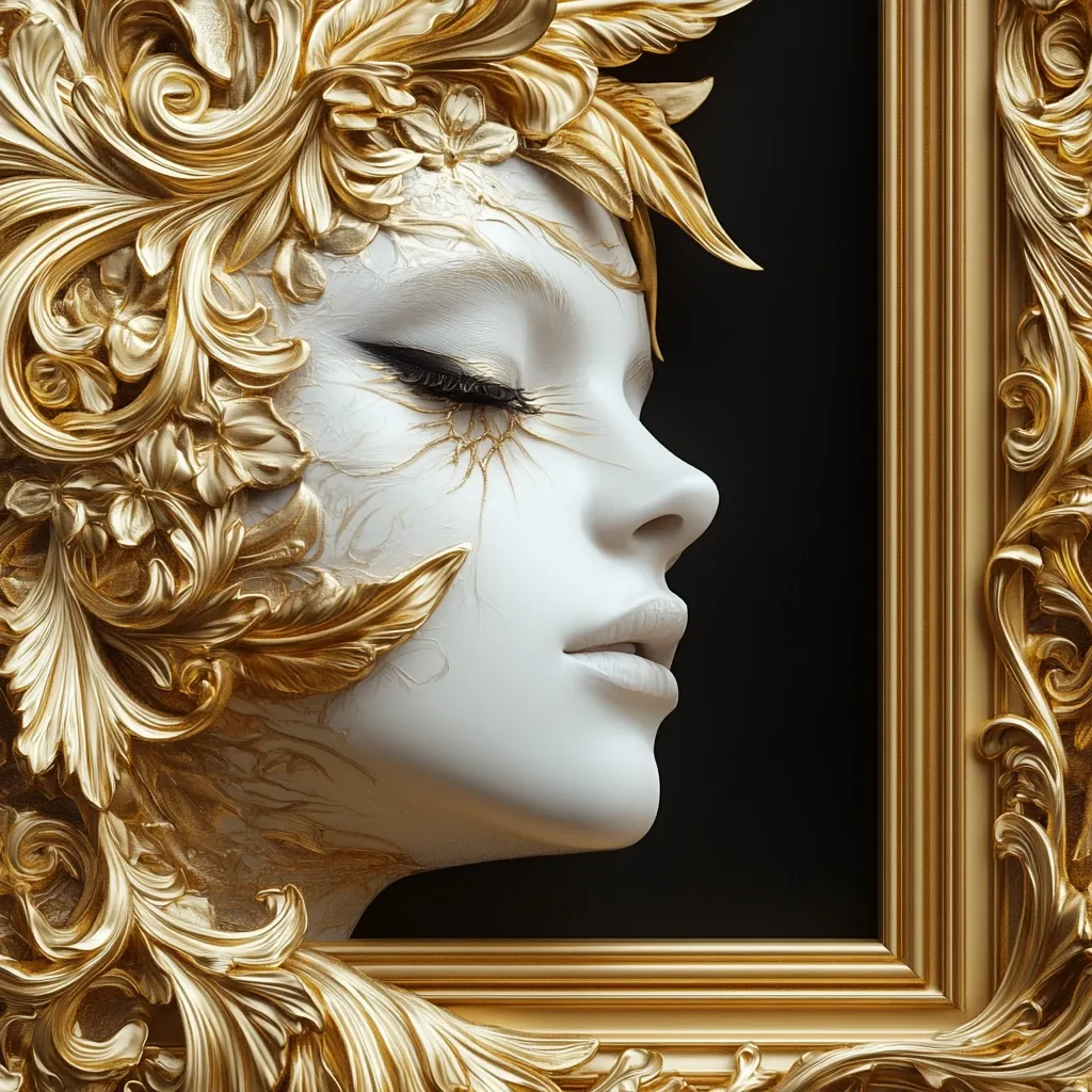 Here's a description of the image:

The image showcases a striking profile of a woman's face, seemingly sculpted from white marble or a similar material.  Her face is partially obscured and adorned by an elaborate, ornate golden headdress crafted in a baroque style. The headdress features intricate floral and leaf motifs, creating a luxurious and regal effect. The woman's makeup is subtly dramatic, with defined eyes and a soft lip color.  The entire composition is framed within a similarly ornate, golden frame, contrasting the pale face against the rich gold and deep black background. The overall effect is one of artistic elegance and high contrast.