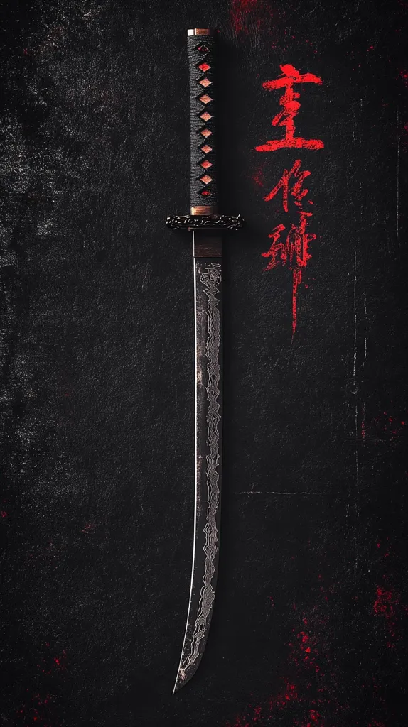 A katana, a traditional Japanese sword, is displayed against a dark, textured background.  The blade is long and slightly curved, with intricate detailing etched along its length. The hilt is black with a dark brown tsuka-ito (wrapping), and the scabbard is absent.  Crimson kanji characters are splattered vertically behind the sword, adding a dramatic and potentially symbolic element. The overall image evokes a sense of mystery and power.