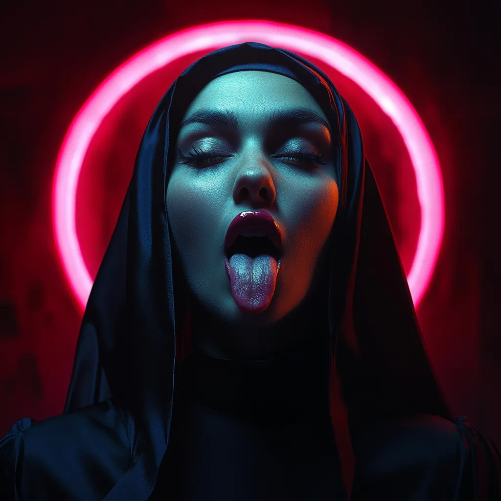Here's a description of the image:

Close-up view of a woman wearing a dark, hooded garment resembling a habit. Her eyes are closed, and her tongue is provocatively extended. The background features a bright, circular neon pink light, creating a dramatic contrast with the dark clothing and the woman's features. The overall mood is sensual and slightly rebellious, juxtaposing religious imagery with a provocative pose. The lighting is dramatic, emphasizing the woman's face and the neon ring.