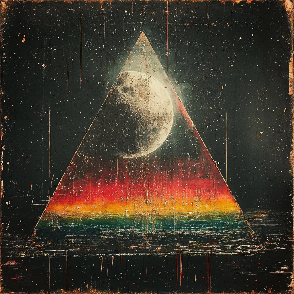 The artwork is a stylized depiction of a celestial scene, presented within a large triangle shape on a dark, textured background.  A large, pale moon dominates the upper portion of the triangle, appearing to rest above a vibrant horizontal band of colors—red, orange, and yellow at the top, transitioning into green and blue at the bottom, suggestive of a sunset or sunrise over water. The dark background suggests space, speckled with small lights that resemble stars. The overall texture of the piece is rough, with a distressed or aged look, adding to its mystical and slightly melancholic atmosphere.