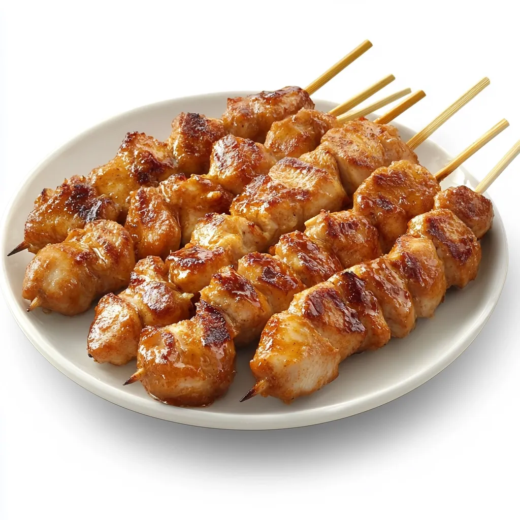 A white plate holds several skewers of grilled chicken.  The chicken pieces are golden brown and glistening, suggesting a marinade or glaze.  The skewers are arranged somewhat haphazardly, implying a casual, appetizing presentation.  Wooden skewers are visible, extending from the chicken. The background is pure white, highlighting the food.  The image suggests a delicious and easy meal.