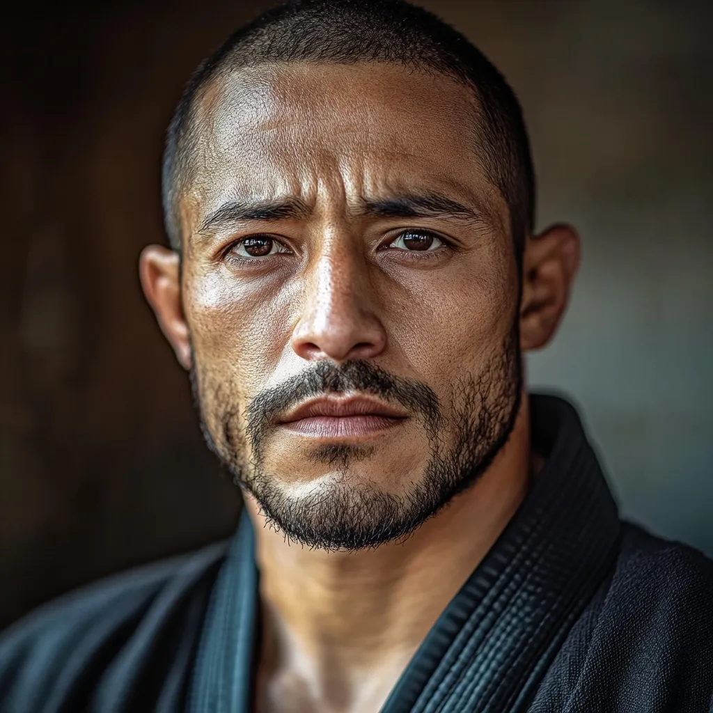 Close-up portrait of a man with short, dark hair and a short, well-groomed beard.  He has tan skin and dark eyes, and his expression is serious and intense.  He's wearing a dark-colored martial arts gi, suggesting a background in combat sports. The lighting is dramatic, focusing on his face against a blurred dark background. The overall image conveys strength, determination, and focus.