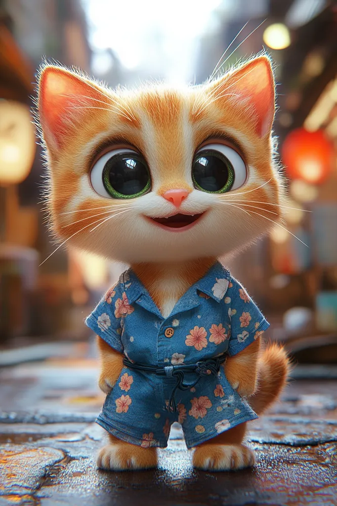 Here is a description of the image:

The image shows a digitally rendered, cartoonish orange tabby cat.  It has large, expressive green eyes and a sweet, smiling expression.  The cat is dressed in a blue, floral-patterned romper, cinched at the waist with a dark cord.  The setting appears to be a blurred background suggesting an outdoor Asian-inspired street scene with lanterns visible. The cat is standing on what looks like a dark wooden surface, possibly a table or floor. The overall style is cute and whimsical, focusing on the adorable features of the cat.