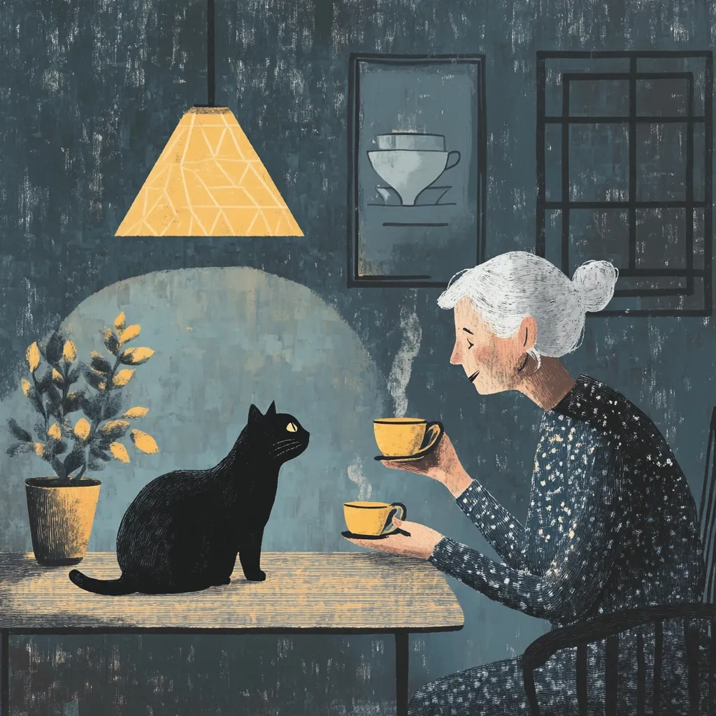 Here's a description of the image:

The illustration depicts a serene scene of an elderly woman with short, white hair, seated at a table.  She holds two small, yellow teacups, one in each hand, as if offering one to a black cat sitting opposite her. The cat gazes intently at the woman. The setting is a dimly lit room, illuminated by a yellow, geometric lampshade hanging overhead.  A potted plant with yellow leaves and a framed picture featuring a coffee cup design are visible on the wall behind them. The overall style is illustrative and slightly textured, with muted blues and yellows dominating the color palette.  The mood is quiet and contemplative, suggesting companionship and shared peace.