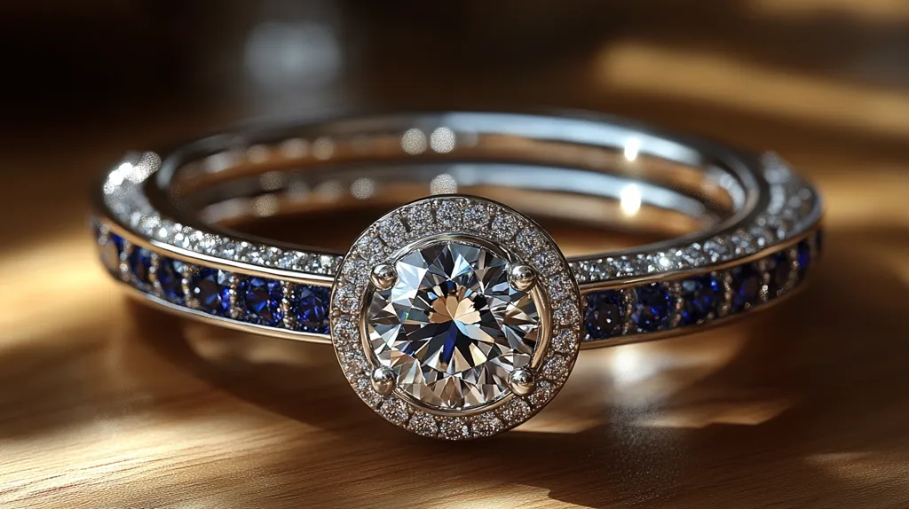 Here's a description of the image:

Close-up view of an elegant ring featuring a large, brilliant-cut diamond center stone. The diamond is encircled by a halo of smaller diamonds, and the band is adorned with a row of sapphires, alternating with tiny diamonds.  The ring appears to be platinum or white gold, and is subtly illuminated, highlighting the sparkle of the diamonds and the deep blue of the sapphires. The ring rests on a polished wooden surface, with soft light creating highlights and shadows that accentuate its beauty. The overall impression is one of luxury and exquisite craftsmanship.