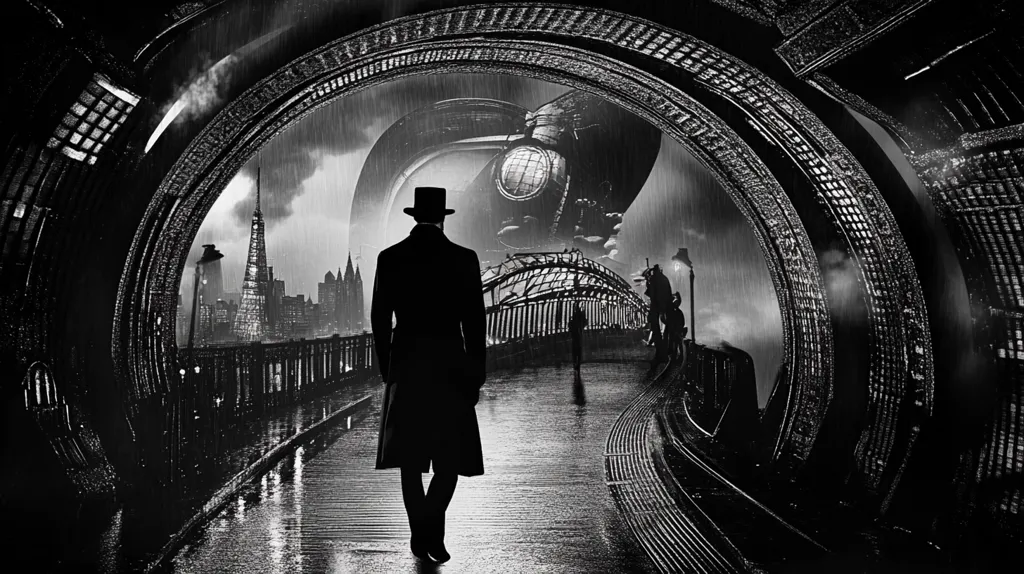 A black and white image depicts a man in a top hat and long coat walking away from the viewer down a rain-slicked pathway.  The path is enclosed by a futuristic, arched structure. In the background, a rain-swept cityscape blends with a large, vaguely steampunk-esque airship. The overall atmosphere is dark, mysterious, and evocative of a science fiction or fantasy novel. The contrast between the man's solitary figure and the grand, imposing architecture creates a sense of isolation and wonder.