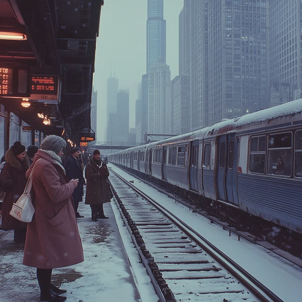 Here is a description of the image:

A snowy scene at a Chicago train station.  A commuter train sits at the platform, dusted with snow, against a backdrop of towering skyscrapers. Passengers, bundled in winter coats, wait patiently under a covered shelter. The atmosphere is quiet and cold, with falling snow adding to the wintry feel. The digital departure board displays a time and train number.  The overall mood is serene yet somewhat melancholic, conveying a sense of urban winter solitude.