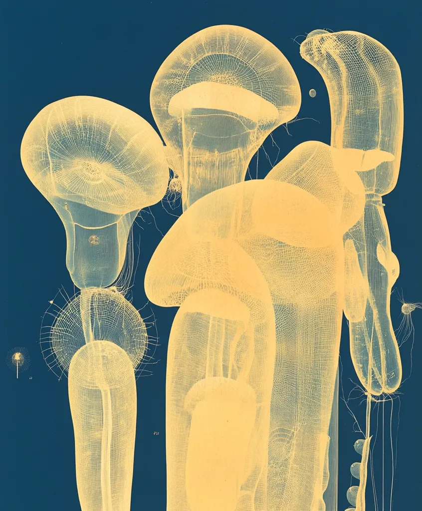This image is a detailed scientific illustration, likely a plate from a 19th or early 20th-century biological text.  It depicts several delicate, translucent marine organisms, possibly jellyfish or siphonophores, rendered in a pale yellow against a dark teal background. Their intricate, net-like structures are meticulously shown, highlighting the delicate detail of their anatomy.  Small, additional organisms are illustrated at the left edge for scale or comparison. The overall style is reminiscent of vintage scientific drawings, showcasing the beauty and complexity of microscopic life.