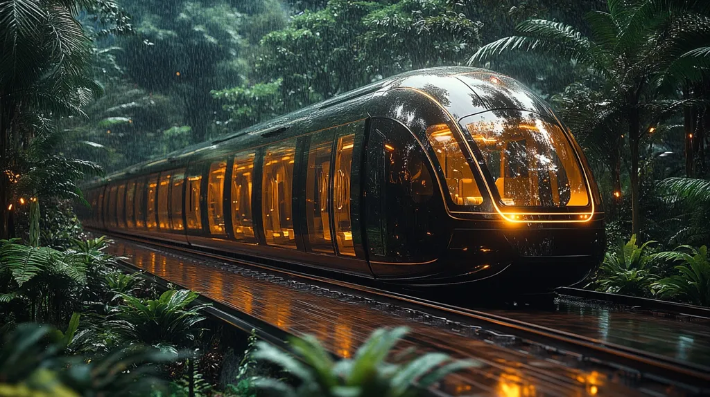 A sleek, futuristic train glides through a lush, rain-soaked rainforest.  Its dark exterior contrasts with the warm, amber glow emanating from its interior windows.  The train tracks are dark wood, reflecting the rain.  Lush, green foliage borders the tracks, creating a dramatic and surreal scene. The rain adds to the atmospheric mood, enhancing the mystery and beauty of the setting.  The overall image suggests a journey into an exotic and technologically advanced future.