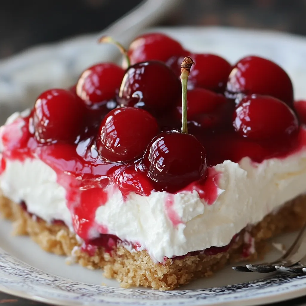 Here's a description of the image:

A close-up shot reveals a delectable slice of cherry cheesecake, resting on a delicate, patterned plate. The dessert boasts a creamy, white cheesecake base, complemented by a generous layer of glistening, red cherry topping.  Individual cherries, glistening with their own juices, are artfully arranged on top. The crust is visible at the bottom, showing a light brown, crumbly texture. The overall presentation is visually appealing, suggesting a sweet and refreshing treat.