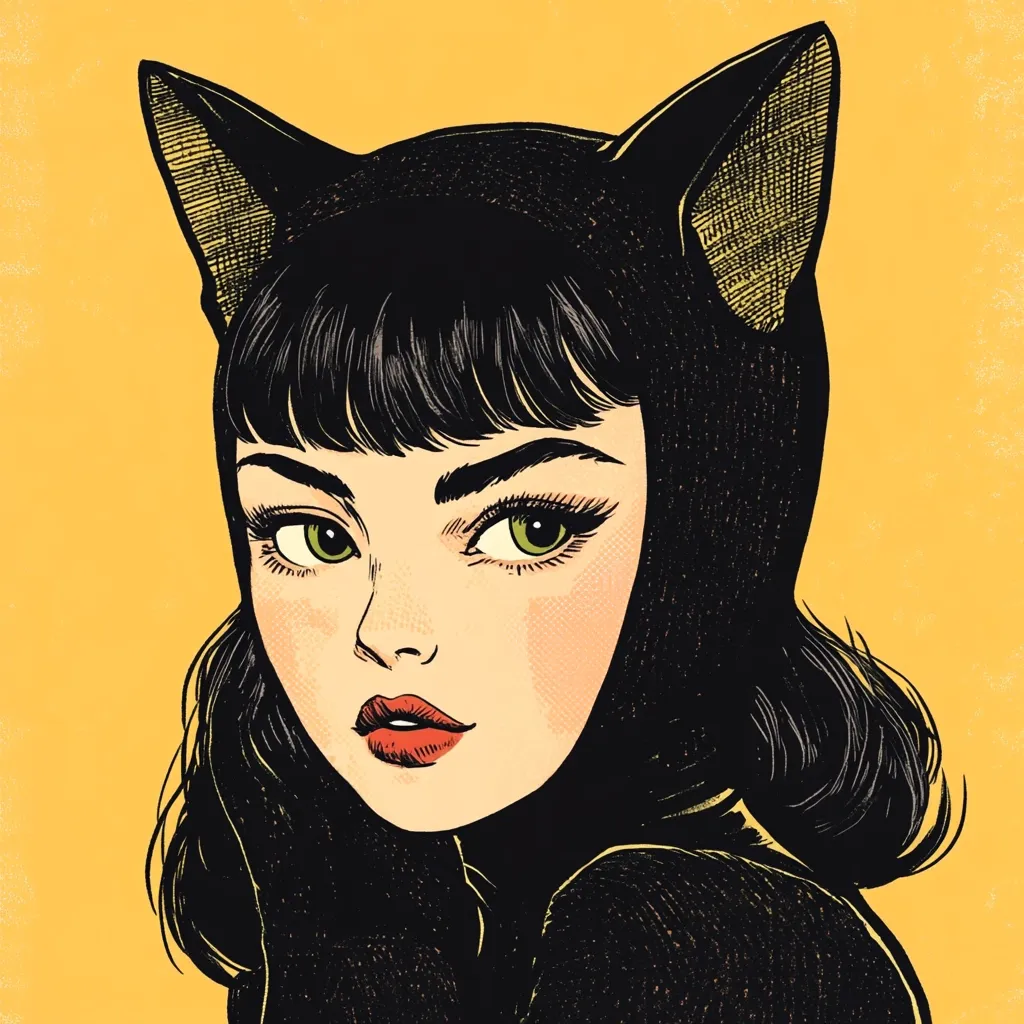 A striking illustration showcases a young woman, her face partially obscured by a black cat-eared hood. Her dark hair, styled with blunt bangs, frames expressive green eyes and a serious expression. The bold lines and color palette, reminiscent of vintage comic art, create a retro aesthetic. The yellow background accentuates the black tones of the hood and her attire, emphasizing the dramatic contrast and adding to the overall captivating effect. The artist's attention to detail is evident in the meticulously rendered features and texturing.