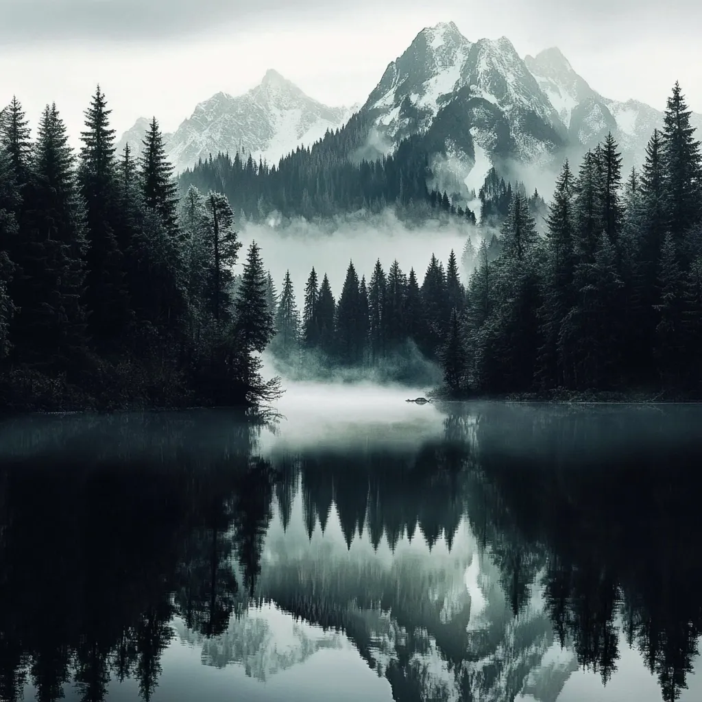 Here is a description of the image:

A serene, misty mountain lake is perfectly mirrored in its still waters.  Dark evergreen trees line the shoreline, creating a dense, almost impenetrable forest.  Beyond the trees, snow-capped mountains rise majestically, partially obscured by a soft, low-lying fog. The overall palette is muted, dominated by dark greens and grays, creating a moody and atmospheric scene. The reflection is incredibly detailed, almost indistinguishable from the actual landscape.  The image conveys a sense of peace and solitude in a wild, beautiful setting.