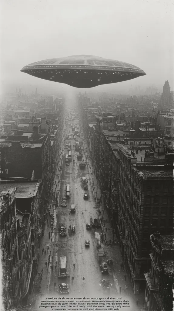 Here's a description of the image:

A black and white, high-angle photograph depicts a large, disc-shaped alien spacecraft hovering silently over a rain-slicked New York City street.  The city is densely packed with buildings, and traffic moves along the street below the craft, creating a stark contrast between the otherworldly visitor and the mundane city life.  The atmosphere is foggy and somber, adding to the eerie and surreal quality of the scene.  The image is suggestive of science fiction and a possible alien visitation.