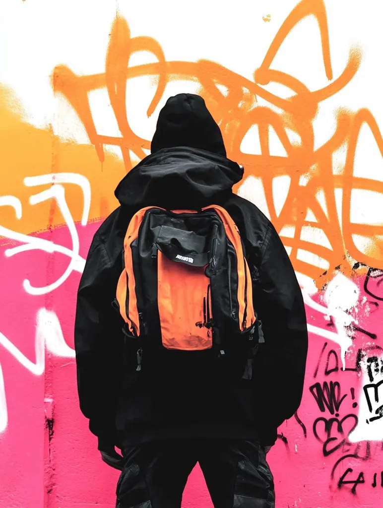 Here's a description of the image:

The photograph shows a person from behind, wearing a black hooded jacket and dark cargo pants.  They carry a bright orange backpack with a black top. The individual stands before a wall vividly adorned with graffiti in shades of orange, pink, and white. The graffiti is abstract and energetic, contrasting with the person's dark clothing. The overall mood is urban and slightly mysterious.