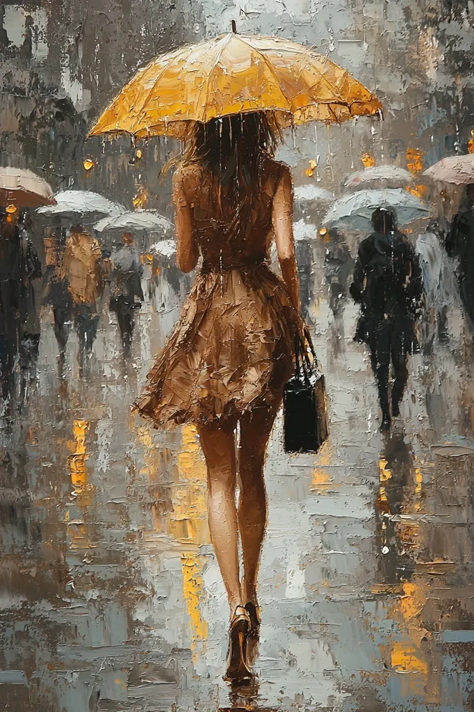 The painting depicts a woman walking alone in the rain. She's wearing a brown dress and high heels, carrying a black handbag.  A bright yellow umbrella shields her from the downpour. The background is a blurred, impressionistic scene of a city street with other pedestrians under various umbrellas, suggesting a bustling but anonymous urban environment. The artist uses a thick, textured impasto style to capture the feeling of rain and movement.  The overall mood is melancholic yet serene.