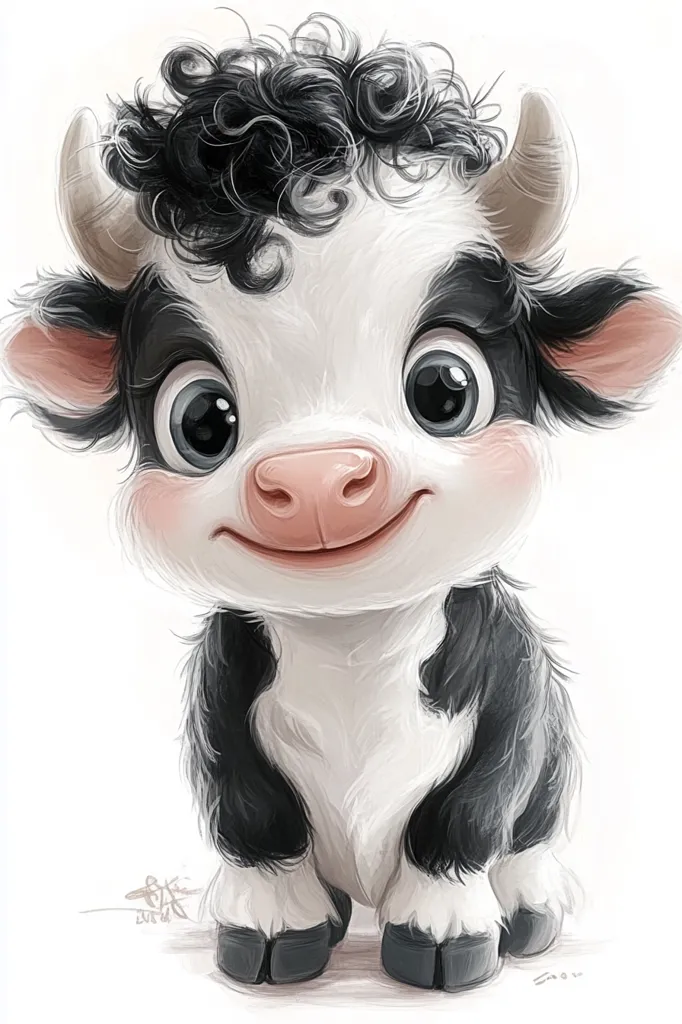 The image shows a charming illustration of a calf.  It's a stylized depiction, with large, expressive eyes and a fluffy, curly black topknot. The calf is black and white, with a pinkish nose and inner ears. Its body is rendered with soft, textured brushstrokes, giving it a cuddly appearance.  The calf sits facing the viewer, exhibiting a sweet, smiling expression. The background is plain white, focusing attention on the adorable subject.