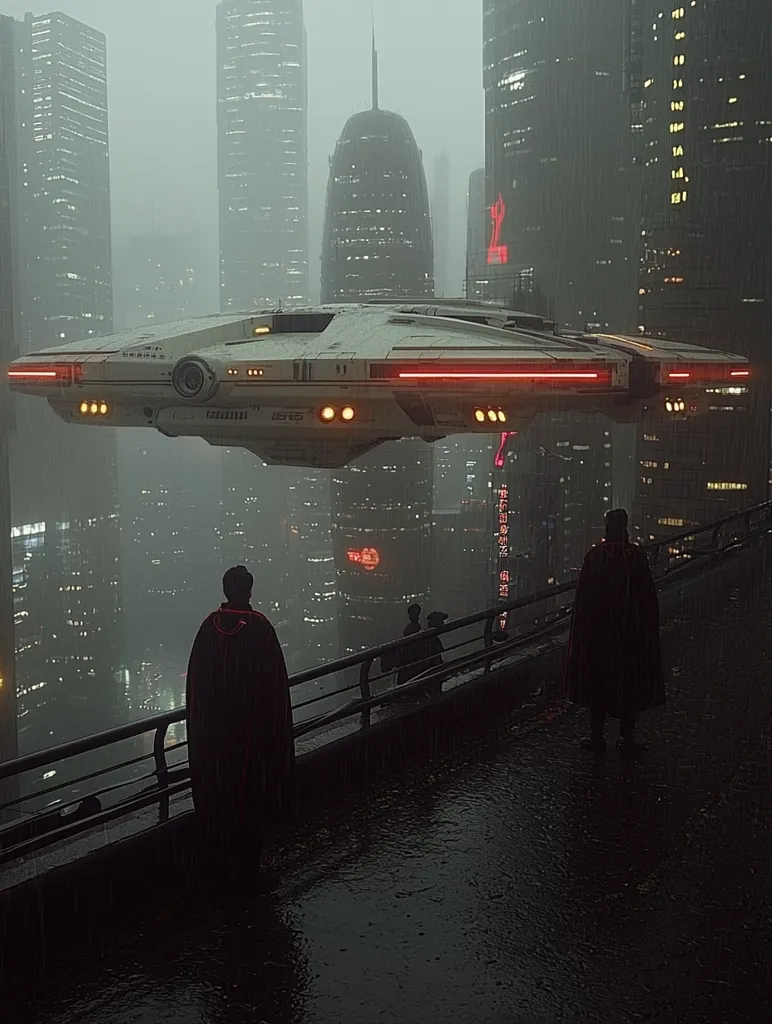 A futuristic cityscape is drenched in rain.  A sleek, white disc-shaped spacecraft hovers above a rain-slicked rooftop where several figures in dark cloaks stand observing. The towering buildings behind them are dimly lit, creating a moody atmosphere.  The scene evokes a sense of mystery and technological advancement in a rain-swept, cyberpunk-style metropolis.