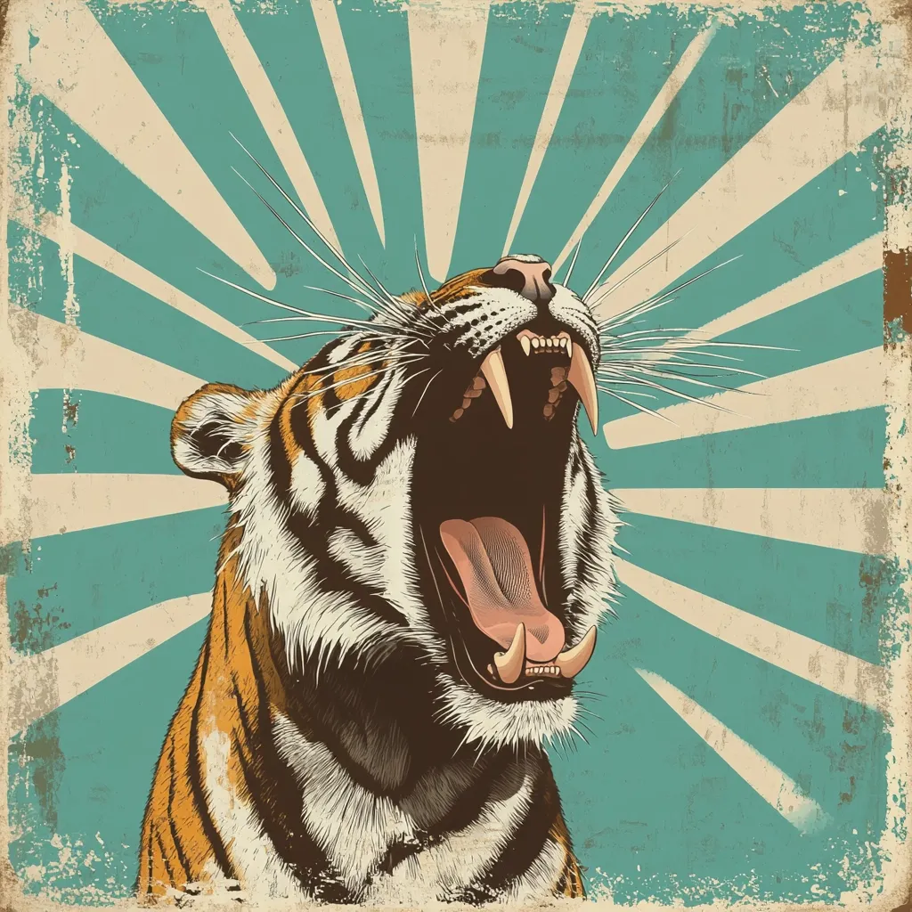Here's a description of the image:

The image is a vintage-style illustration of a tiger's head and shoulders against a teal background. The tiger's mouth is wide open in a roar, showcasing its teeth and tongue. The style is reminiscent of mid-20th-century advertising or poster art, with a sunburst pattern radiating outwards from the tiger. The overall color palette is muted, with cream and beige accents on the tiger's fur, creating a distressed, almost grunge-like texture. The image has a retro feel, likely intentionally designed to evoke nostalgia.