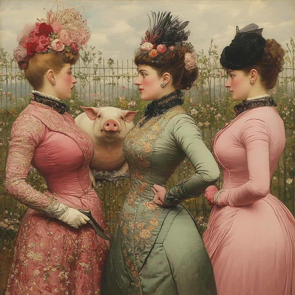 Three elegantly dressed women in late 19th-century fashion stand before a wrought-iron fence, a pig positioned between them.  The women, in elaborate hats and corseted gowns of pink and sage green, appear poised and observant, their gazes directed towards each other. The setting is a garden filled with blooming roses, creating a vibrant backdrop to the scene. The painting's style is realistic, detailed, and captures the fashion and social conventions of the era.  One woman holds a small knife.