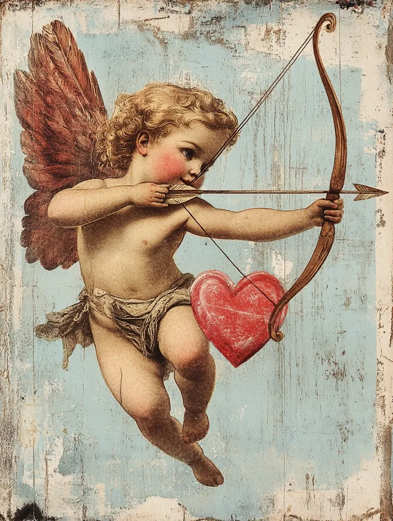 Here's a description of the image:

The image is a stylized depiction of Cupid, the Roman god of love. He's portrayed as a cherubic, winged child with blond curls, aiming his bow and arrow at a large, red heart hanging from the bowstring. The artwork has a vintage aesthetic, with a textured, aged background suggesting a distressed painted surface or wood panel. The color palette is muted, with soft blues and browns contrasting against Cupid's rosy skin and the vibrant red heart. The overall style evokes a classic Valentine's Day imagery, hinting at romantic themes and antique prints.