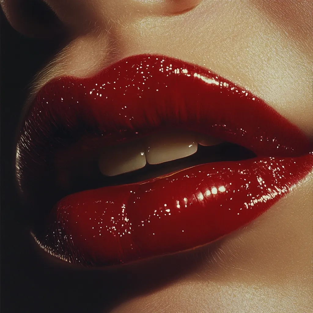 Close-up view of a woman's luscious lips, painted a vibrant, glossy crimson red.  The lipstick is highly reflective, catching the light to accentuate its shine and texture.  The lips are full and slightly parted, revealing a hint of even, white teeth. The skin around the mouth is smooth and softly lit, creating a dramatic contrast against the bold lip color. The overall image is sensual and striking.