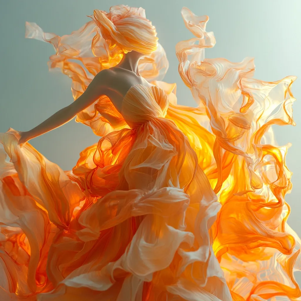Here's a description of the image:

The image is a stylized photograph or digital artwork depicting a woman in a flowing, orange and off-white gown. The fabric is dramatically billowing, creating a sense of movement and energy. The woman's face is obscured by the fabric of the dress, adding to the ethereal and mysterious quality of the piece.  The colors are warm and vibrant, with the orange hues suggesting a fiery, almost sun-like glow. The overall impression is one of elegance, fluidity, and a captivating sense of motion.