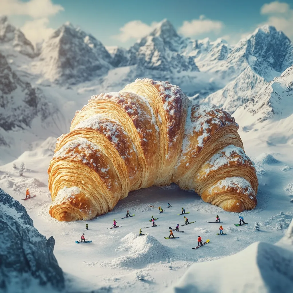 Here's a description of the image:

A giant, golden-brown croissant, dusted with powdered sugar, dominates the foreground. It’s nestled in a snowy landscape, resembling a massive mountain range itself.  Tiny figures, appearing as skiers and snowboarders, are scattered across the snow around and under the croissant, giving a sense of scale to the enormous pastry.  The background features a breathtaking vista of snow-capped mountains under a bright, clear sky. The overall scene is surreal and whimsical, combining elements of food and winter sports in a fantastical setting.