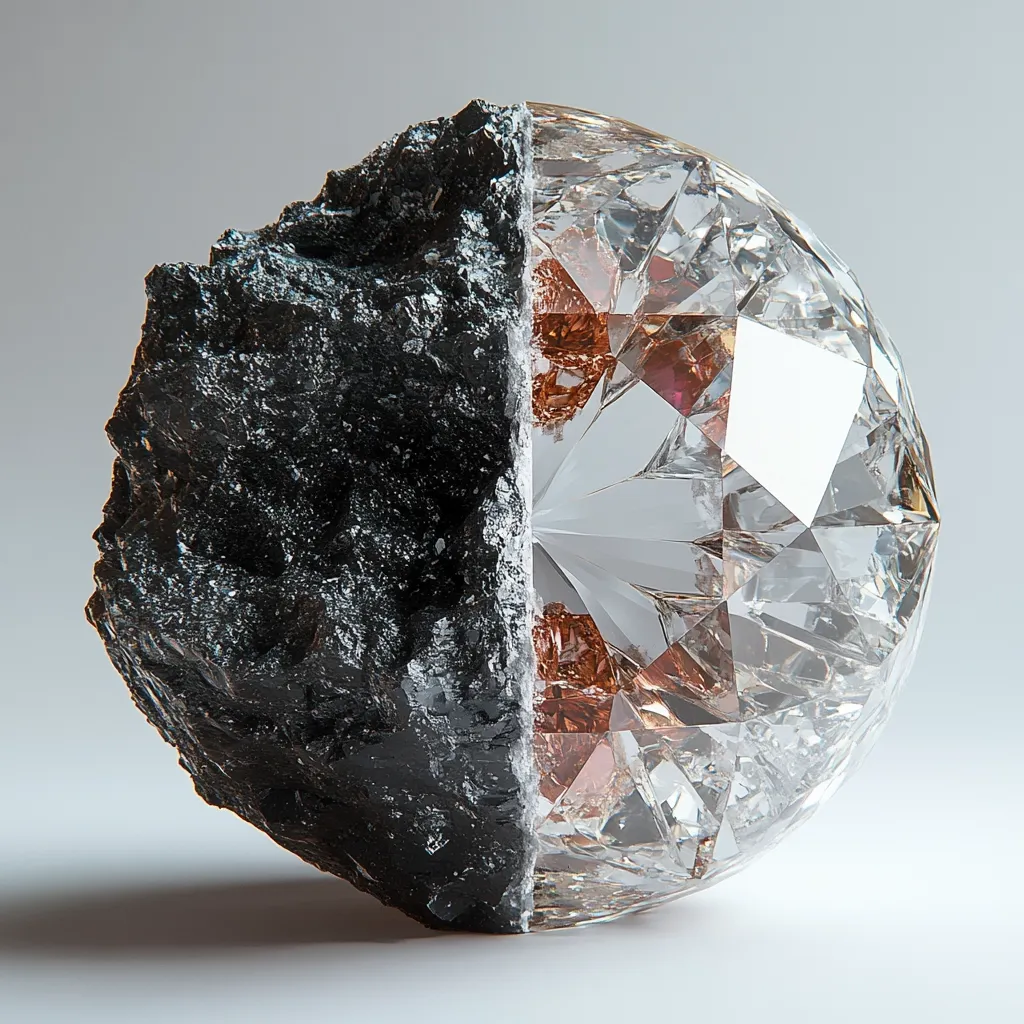 Here's a description of the image:

The image presents a striking visual contrast.  A spherical object is bisected, one half a rough, dark grey-black, coal-like mass, the other a brilliantly cut and faceted diamond.  The diamond portion displays exceptional clarity, with hints of warm, reddish-brown hues visible within the facets.  The juxtaposition of the raw, unrefined coal against the refined, sparkling diamond creates a powerful visual metaphor about transformation, potential, and the process of refinement.  The background is a simple, light grey, allowing the object to stand out prominently.