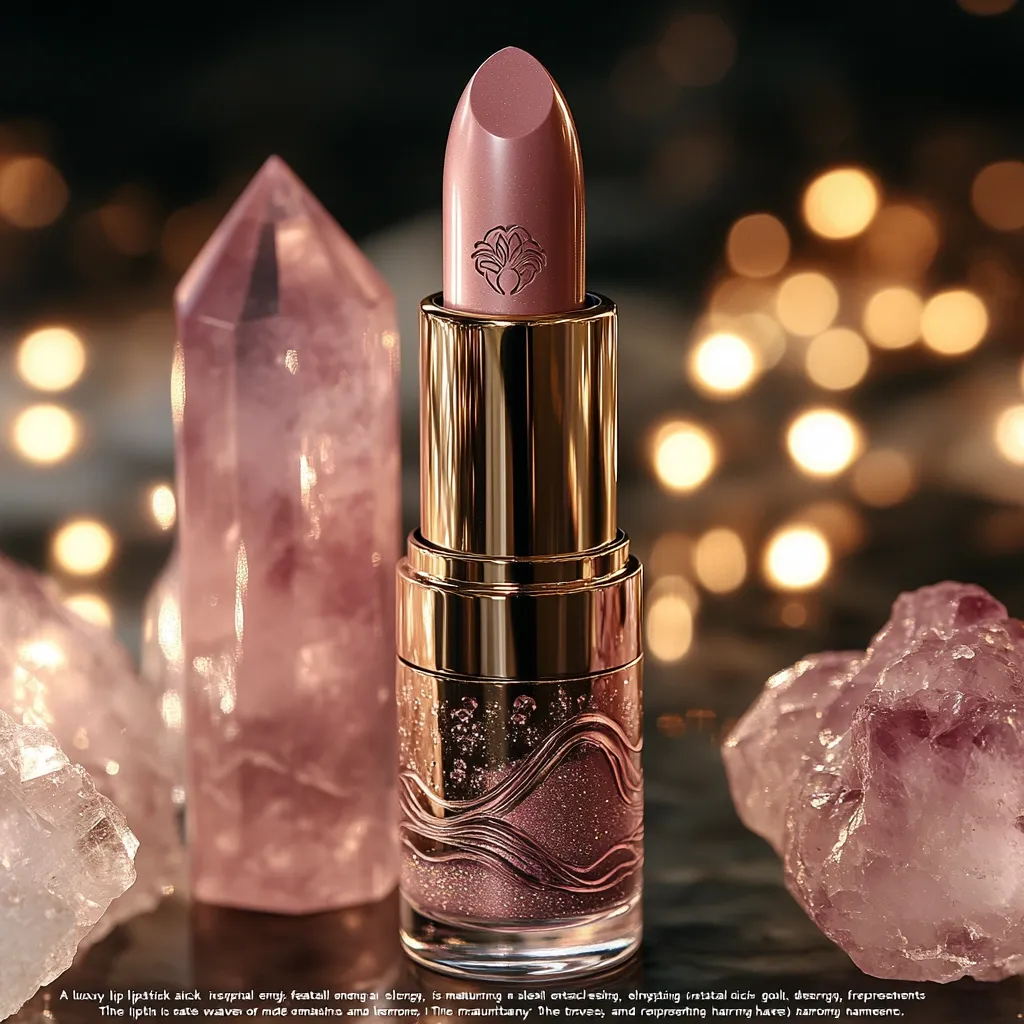 A luxurious lipstick, in a rose-gold tube with a wavy, glittery design, rests between two rose quartz crystals. The lipstick's bullet is a muted mauve-pink. The background is blurred but shows warm, golden bokeh lights, creating a glamorous and mystical atmosphere. The image suggests a high-end beauty product with a focus on natural elements and luxury.