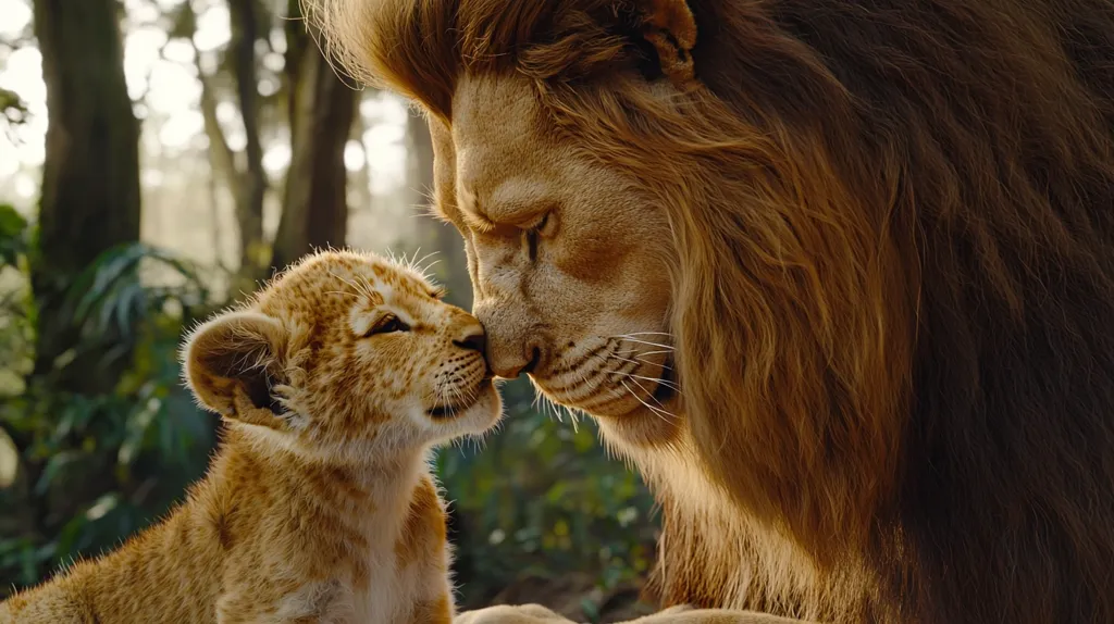 Here's a description of the image:

A heartwarming close-up captures a majestic adult lion and a small lion cub, their noses gently touching.  The adult lion's thick, golden mane frames its face, conveying a sense of paternal tenderness. The cub, a smaller version of its parent, looks up with trusting eyes.  The blurred background suggests a lush, forested environment, enhancing the intimate and serene atmosphere of the scene. The lighting is soft and warm, illuminating the lions' fur. The overall image evokes a feeling of love and connection between parent and offspring in the wild.