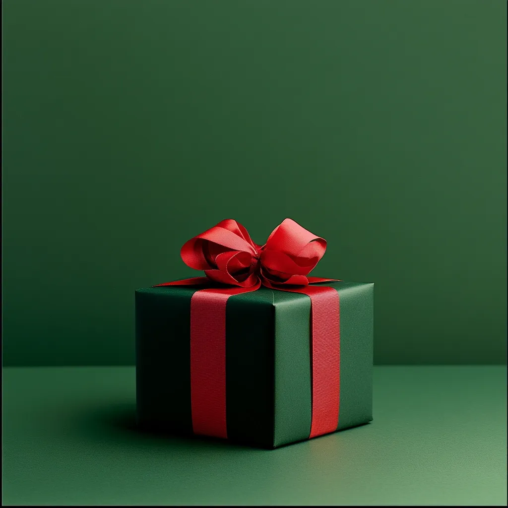 Here is a description of the image:

A square, dark-green gift box sits on a matching green surface against a backdrop of the same deep green color.  The box is adorned with a large, vibrant red ribbon tied in a classic bow. The ribbon extends down the sides of the box in two wide strips. The image is simple, clean, and focuses on the contrast between the deep green and bright red, creating a festive yet sophisticated feel, suggestive of a Christmas or holiday present.