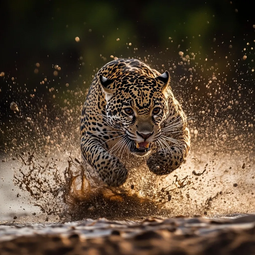 A majestic jaguar explodes from the water, its powerful muscles rippling as it leaps forward.  Mud and water spray dramatically around it, creating a dynamic, action-packed scene.  The jaguar's focused gaze and bared teeth reveal its predatory intensity.  The warm, golden light suggests either dawn or dusk, enhancing the overall feeling of wildness and power. The background is blurred, keeping the focus entirely on the magnificent animal in motion.